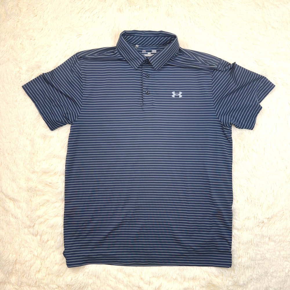 Under Armour Polo Shirt Mens Large Navy Blue Striped HeatGear Loose Fit Short Sl